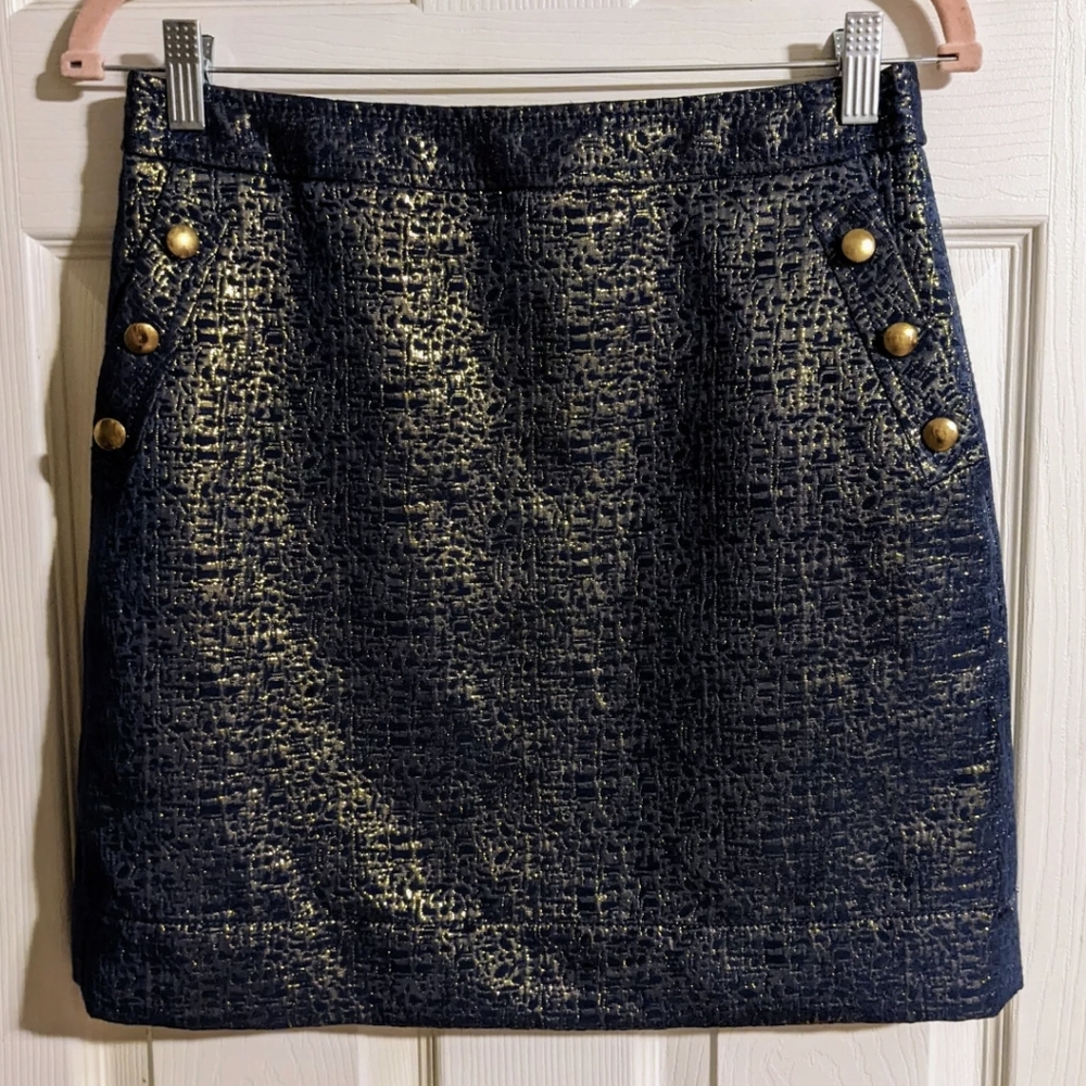 Banana Republic Heritage Skirt 4 Blue Gold Metallic Gold Button Short Pencil